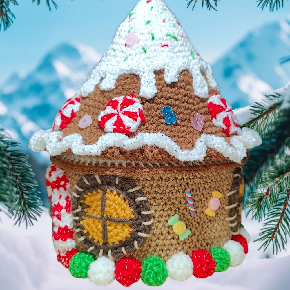 Handmade Crochet Giant Gingerbread Gnome House Basket - Picture 7 of 13